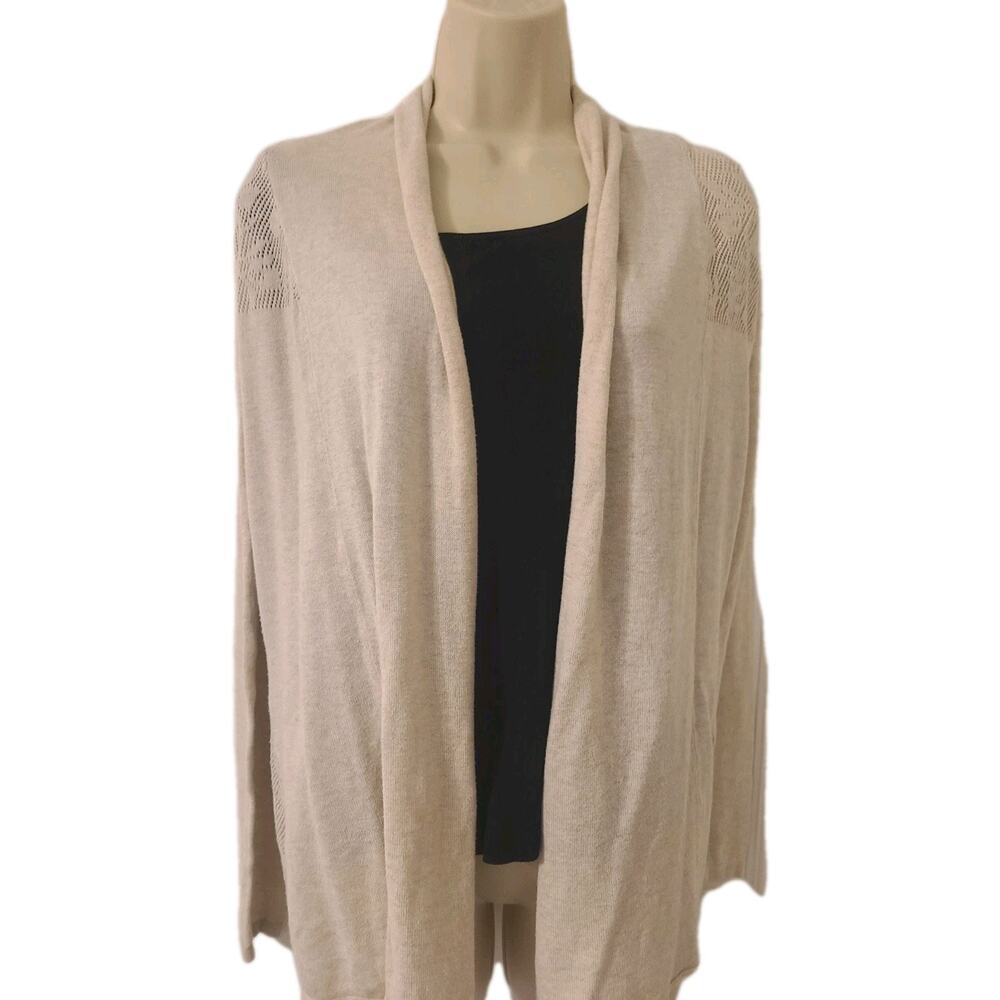 Belldini Women’s M Beige Boho Open Front Cardigan Floral Lace Back Lightweight
